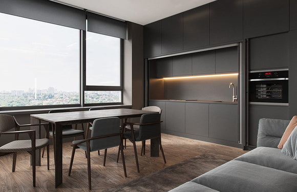 LED strip lights are used in aluminum channels to create a unique kitchen lighting design.