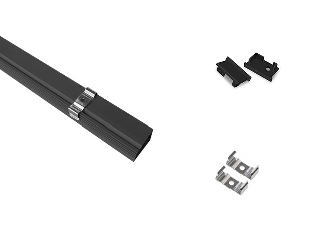 The GLQ 1326 black aluminum channel with metal clip and endcaps.