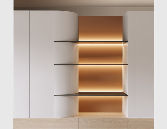 LED strip lights are used in an aluminum channel to create a unique lighting design for a shelving unit.