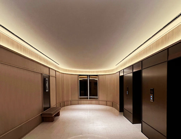 LED strip lights are used in an aluminum channel to create a unique lighting design in an elevator corridor.