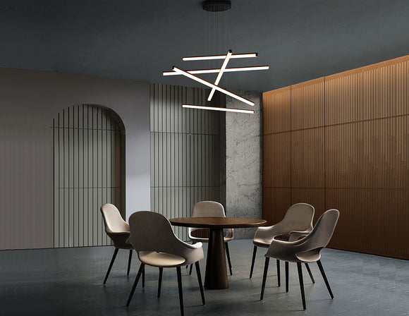 LED strip lights are used in an aluminum channel to create a unique lighting design in a dining room.