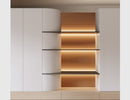 LED strip lights are used in an aluminum channel to create a unique lighting design for a shelving unit.