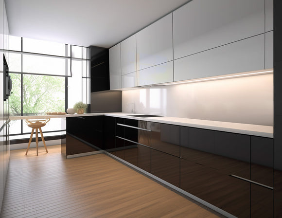 LED strip lights are used in an aluminum channel to illuminate kitchen undercabinets.