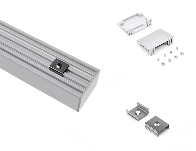 The ES 5035 aluminum channel with matching endcaps and mounting clips.