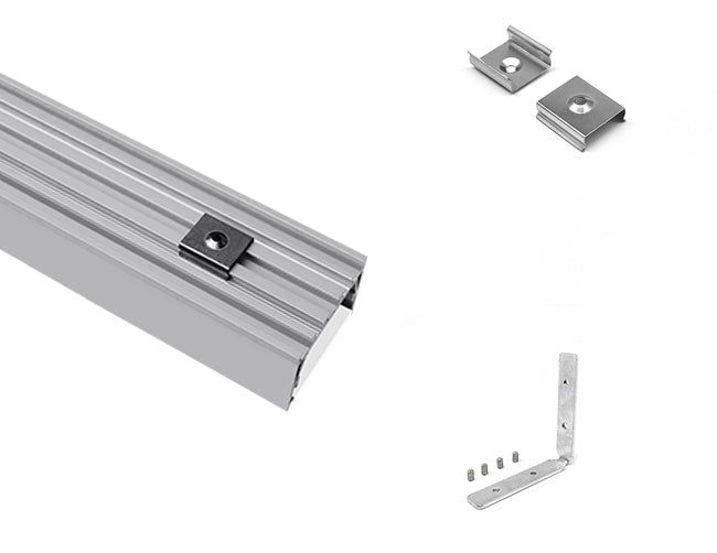 The ES 5035 aluminum channel with matching connector kit and mounting clips.
