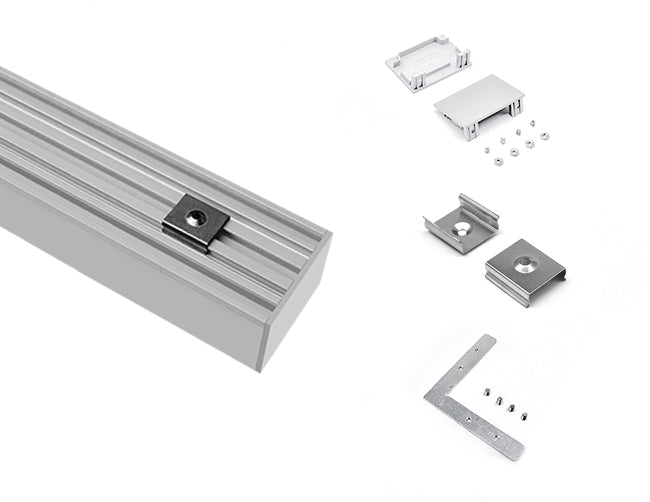 The ES 5035 aluminum channel with matching endcaps, mounting clips, and connector kit.
