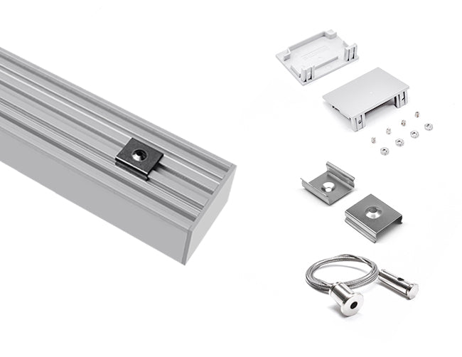 The ES 5035 aluminum channel with matching endcaps, suspension kit, and mounting clips.