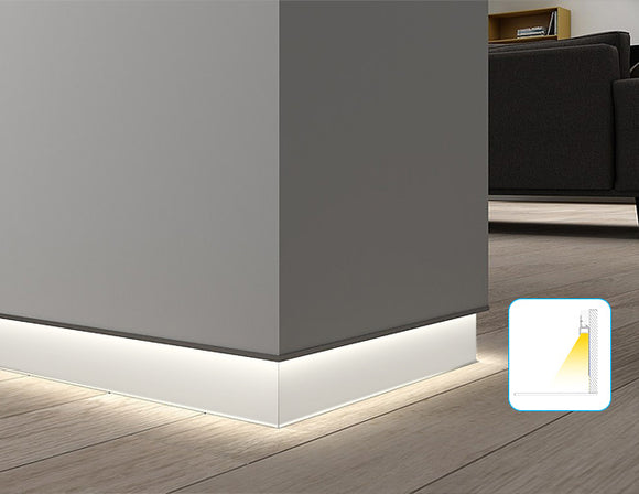 LED strip lights are used in an aluminum channel to create a unique wall washing lighting design.