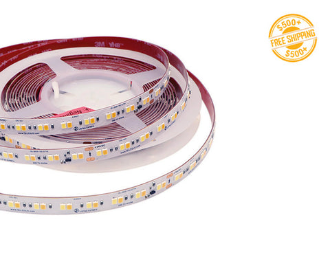 Front view of LED Strip Light - Dim to Warm - DTW - Dry Location IP20 - 24V; dimensions of the strip light and cutting point distance is shown; a label of free shipping for orders over $500 is shown as well.