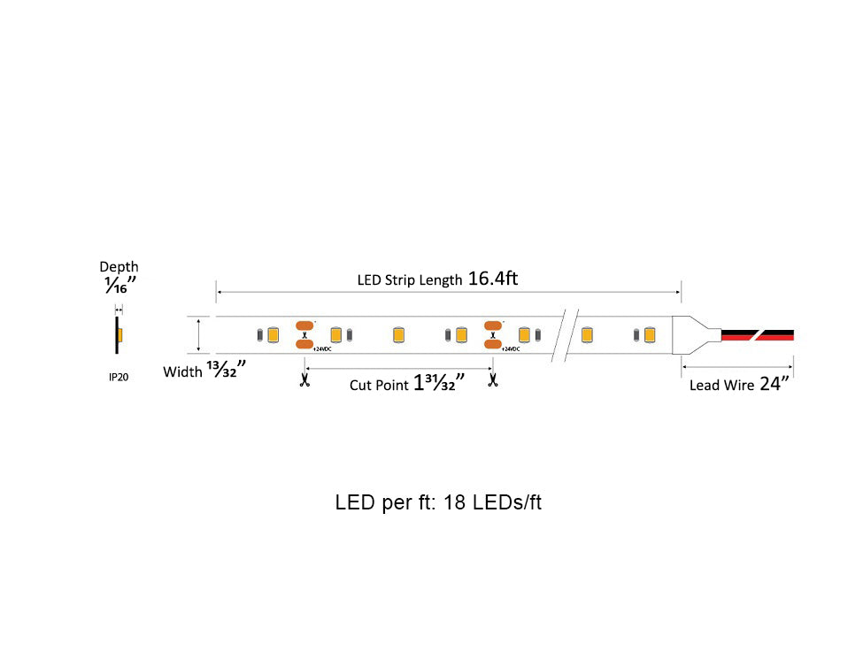 White LED strip light for fresh food, perfect for bread displays, with a 16.4ft maximum length without voltage drop, 12V power, and IP20 rating.