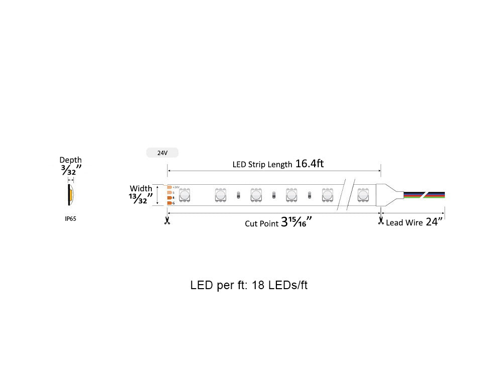 RGB LED Strip Light - High Bright Color-Changing Tape Light - 24V - IP65 Waterproof - Maximum Voltage Drop Length of 16.4ft, 18 LEDs/ft for Even Illumination