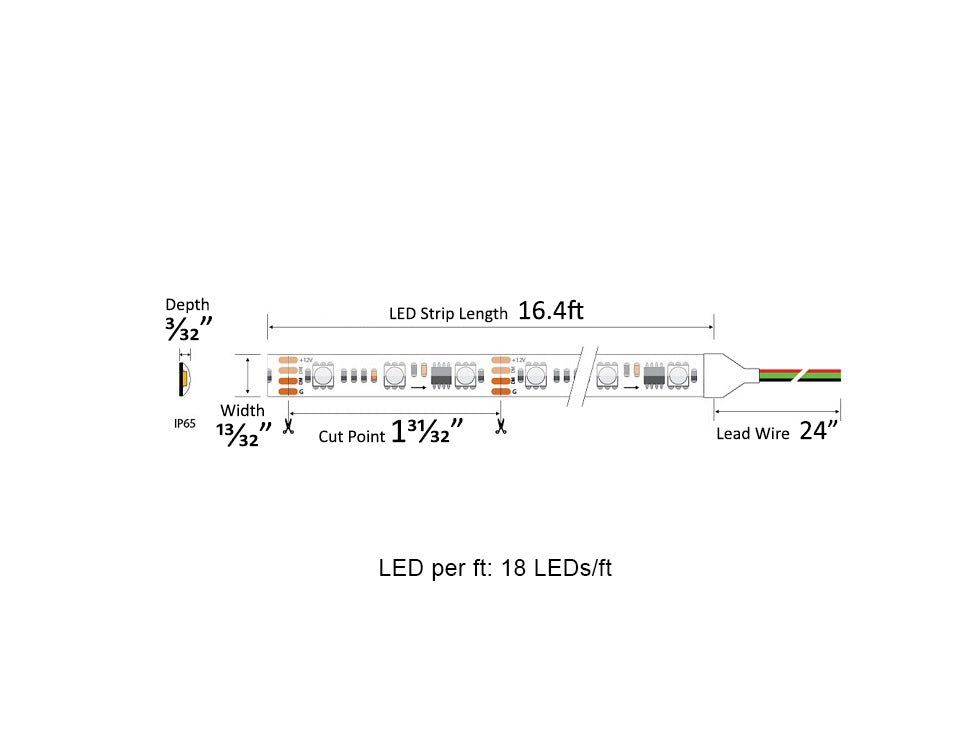 RGB SPI LED Strip - Digital Color-Chasing LED Tape Light - 12V - IP65 - Maximum Voltage Drop Length of 16.4ft, 18 LEDs per Foot for Consistent Lighting Effects