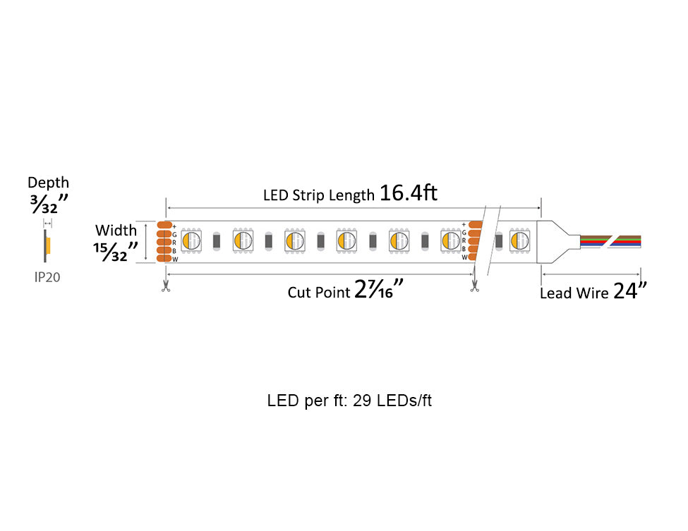 RGBW LED Strip Light - 4-in-1 Chip 5050 Color-Changing LED Tape Light - 24V - IP20 - 3000K/6000K
