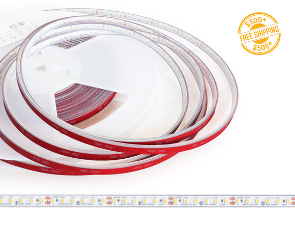 ECO Series 24V dimmable LED strip light in 3000K warm white, ideal for under-cabinet and ambient lighting.
