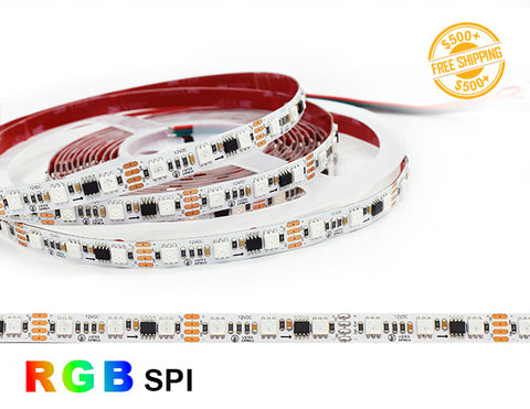 Front view of LED Strip Light - Color Chasing - RGB Digital - High Bright - Dry Location IP20 - 12V; dimensions of the strip light and cutting point distance is shown; a label of free shipping for orders over $500 is shown as well.