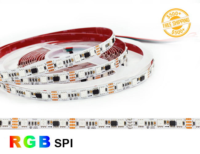 RGB SPI LED Strip - Digital Color-Chasing LED Tape Light, 12V, IP20 – LED strip featuring advanced RGBIC technology, creating dynamic color chasing effects for parties, stage lighting, mall decorations, and home entertainment spaces. The strip offers adjustable colors, brightness, and speed through a digital controller for personalized lighting experiences.