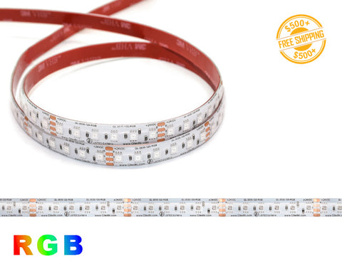 Front view of LED Strip Light - Color Changing - RGB - Super Bright - Wet and Damp Location IP65 - 24V; dimensions of the strip light and cutting point distance is shown; a label of free shipping for orders over $500 is shown as well.