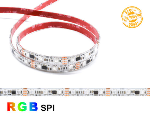 Front view of LED Strip Light - Color Chasing - RGB Digital - High Bright - Dry Location IP65 - 12V; dimensions of the strip light and cutting point distance is shown; a label of free shipping for orders over $500 is shown as well.