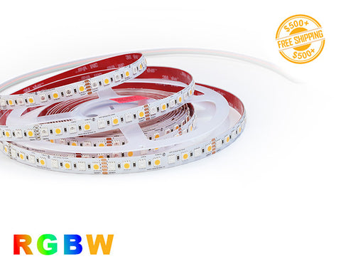 Front view of LED Strip Light - Color Changing - RGB +3000K - Super Bright - Dry Location IP20 - 24V; dimensions of the strip light and cutting point distance is shown; a label of free shipping for orders over $500 is shown as well.