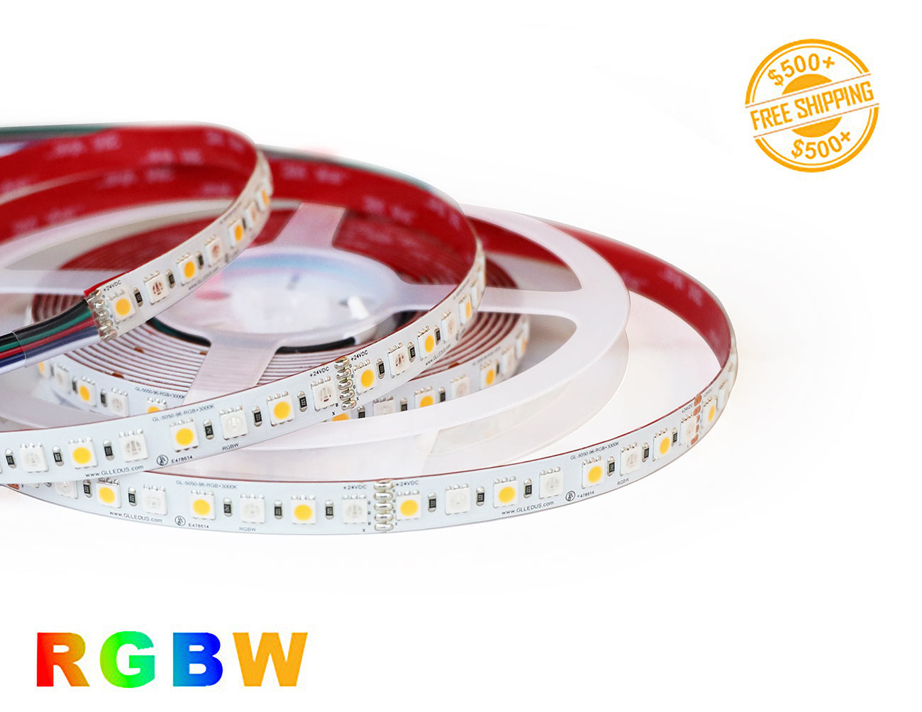 RGB+W LED Strip Light - Color-Changing 24V Tape with 3000K White Light - Versatile 16.4ft LED strip offering vibrant color options and warm white illumination, ideal for indoor decorations, cabinet lighting, display shelves, and mood lighting applications.