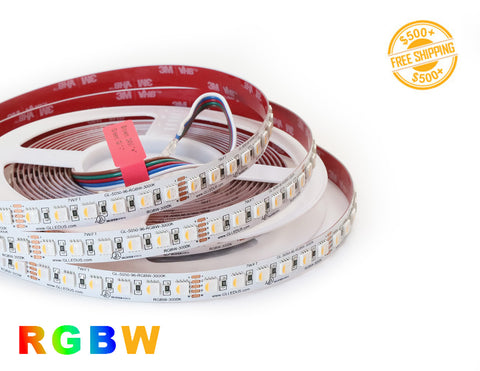 Front view of LED Strip Light - Color Changing - RGBW 4 in 1 - Super Bright - Dry Location IP20 - 24V; dimensions of the strip light and cutting point distance is shown; a label of free shipping for orders over $500 is shown as well.