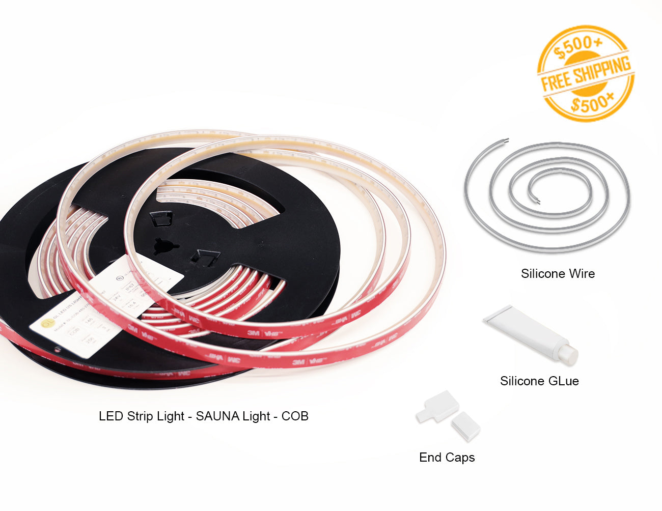 Outdoor LED Strip Light, SAUNA Series, 24V, IP67 – COB technology for smooth, even illumination, ideal for saunas, bathrooms, and humid environments. Available in 2700K-6000K, with heat-resistant silicone wiring and waterproof end caps.