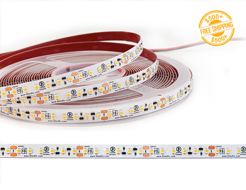 Front view of LED Strip Light - Single Color - Long Run White INFINITE - Dry Location IP20 - 24V; dimensions of the strip light and cutting point distance is shown; a label of free shipping for orders over $500 is shown as well.