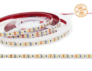 Front view of LED Strip Light - Single Color - Standard Bright - White ECO - Dry Location IP20 - 12V; dimensions of the strip light and cutting point distance is shown; a label of free shipping for orders over $500 is shown as well.