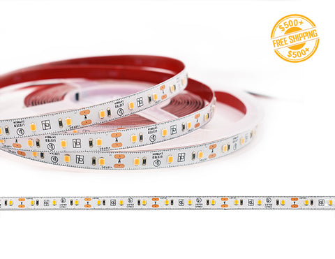 Front view of LED Strip Light - Single Color - For Fresh Food - Bread - Dry Location IP20 - 12V; dimensions of the strip light and cutting point distance is shown; a label of free shipping for orders over $500 is shown as well.