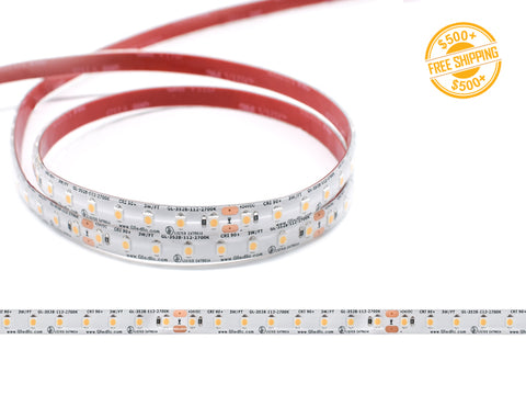 Front view of LED Strip Light - Single Color - Standard Bright - White ECO - Wet/Damp Location IP65 - 24V; dimensions of the strip light and cutting point distance is shown; a label of free shipping for orders over $500 is shown as well.