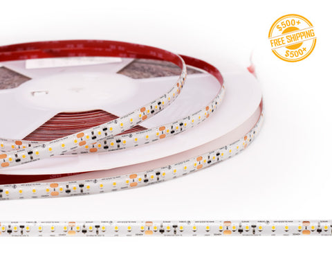 Front view of LED Strip Light - Single Color - Long Run White INFINITE - Wet Location IP65 - 24V; dimensions of the strip light and cutting point distance is shown; a label of free shipping for orders over $500 is shown as well.