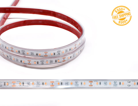 Front view of LED Strip Light - Single Color - For Fresh Food - meat - wet/damp Location IP67 - 12V; dimensions of the strip light and cutting point distance is shown; a label of free shipping for orders over $500 is shown as well.