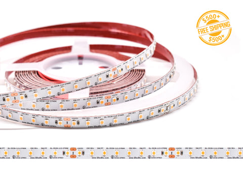 Front view of LED Strip Light - Single Color - Standard Bright - White ECO - Dry Location IP20 - 24V; dimensions of the strip light and cutting point distance is shown; a label of free shipping for orders over $500 is shown as well.