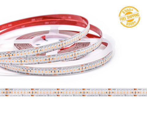 Front view of LED Strip Light - Single Color - Standard Bright - White PRO - Dry Location IP20 - 24V; dimensions of the strip light and cutting point distance is shown; a label of free shipping for orders over $500 is shown as well.