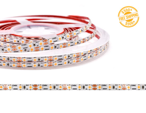 Front view of LED Strip Light - Single color - Standard Bright - White Narrow - Dry Location IP20 - 12V; dimensions of the strip light and cutting point distance is shown; a label of free shipping for orders over $500 is shown as well.