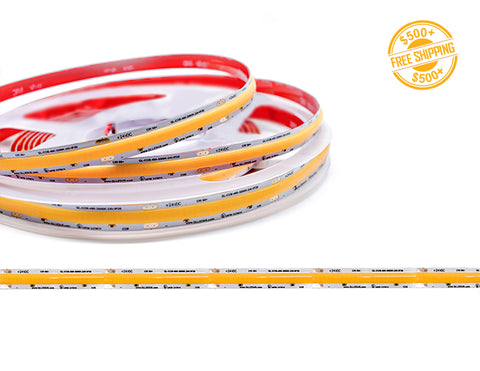 Front view of LED Strip Light - Single Color - Standard Bright - COB- Dry Location IP20 - 24V; dimensions of the strip light and cutting point distance is shown; a label of free shipping for orders over $500 is shown as well.