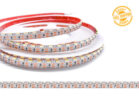 Front view of LED Strip Light - Single Color - white side bend - Dry Location IP20 - 12V; dimensions of the strip light and cutting point distance is shown; a label of free shipping for orders over $500 is shown as well.