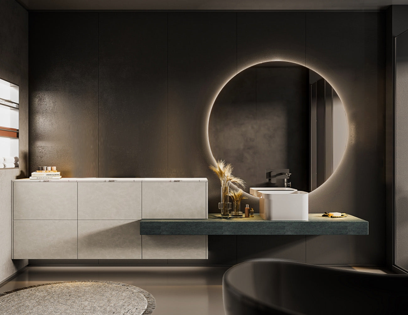 A bathroom is decorated with ambient LED strip lights that are powered by a dimmable low voltage transformer.