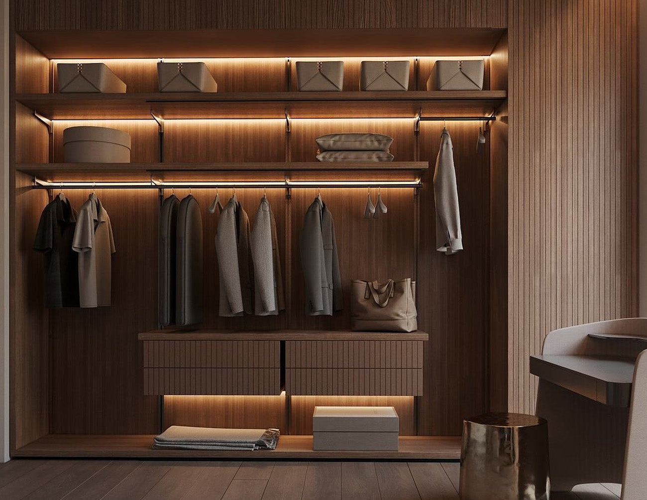 A closet is decorated with LED strip lights that are powered by a dimmable low voltage transformer.