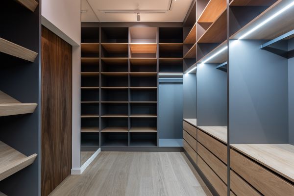 A walk-in closet shelving unit uses LED strip lights for general lighting and visibility.