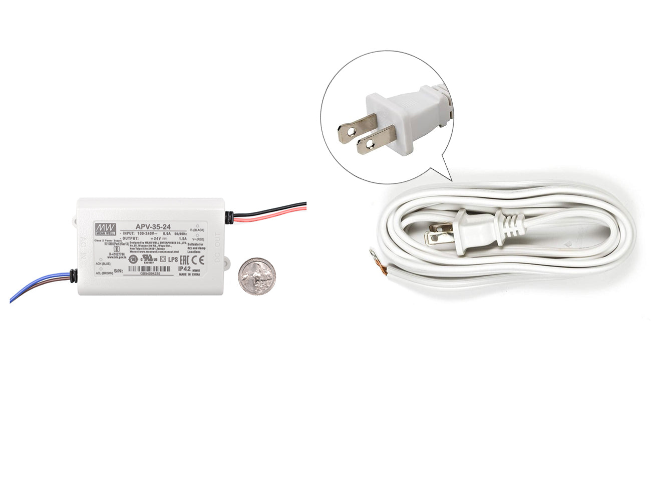 Mean Well 35W 24VDC LED low voltage transformer with US quarter for size reference and two-prong power cord for line voltage.