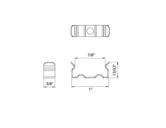 Dimension of aluminum channel ES-2321 accessory mounting clip. The length is 1" and width is 13/32".