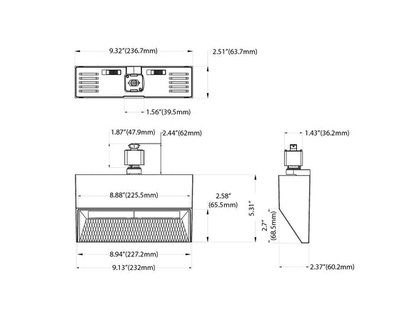 Dimensions of LED wall washer track light.