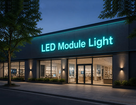 LED Module Light - Turquoise creates smooth and uniform illumination for commercial channel letter signage, enhancing storefront visibility and architectural branding.