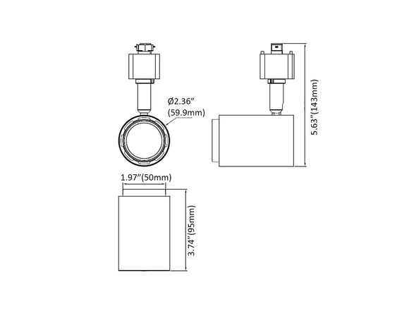 Dimensions of LED track light standard 10W model.