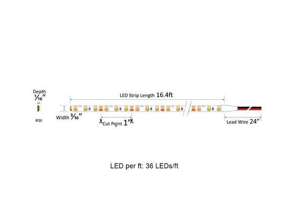 Dimensions for the LEGEND-3 Series 24VDC low voltage dimmable LED strip lights shows dimensions for the length, width, and depth of the light strip, the included wires, and the cuttable increments.