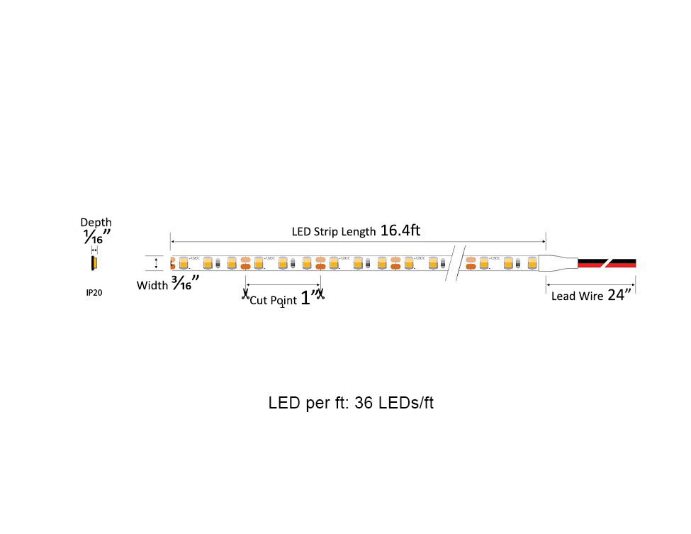 Dimensions for the LEGEND-3 Series 24VDC low voltage dimmable LED strip lights shows dimensions for the length, width, and depth of the light strip, the included wires, and the cuttable increments.