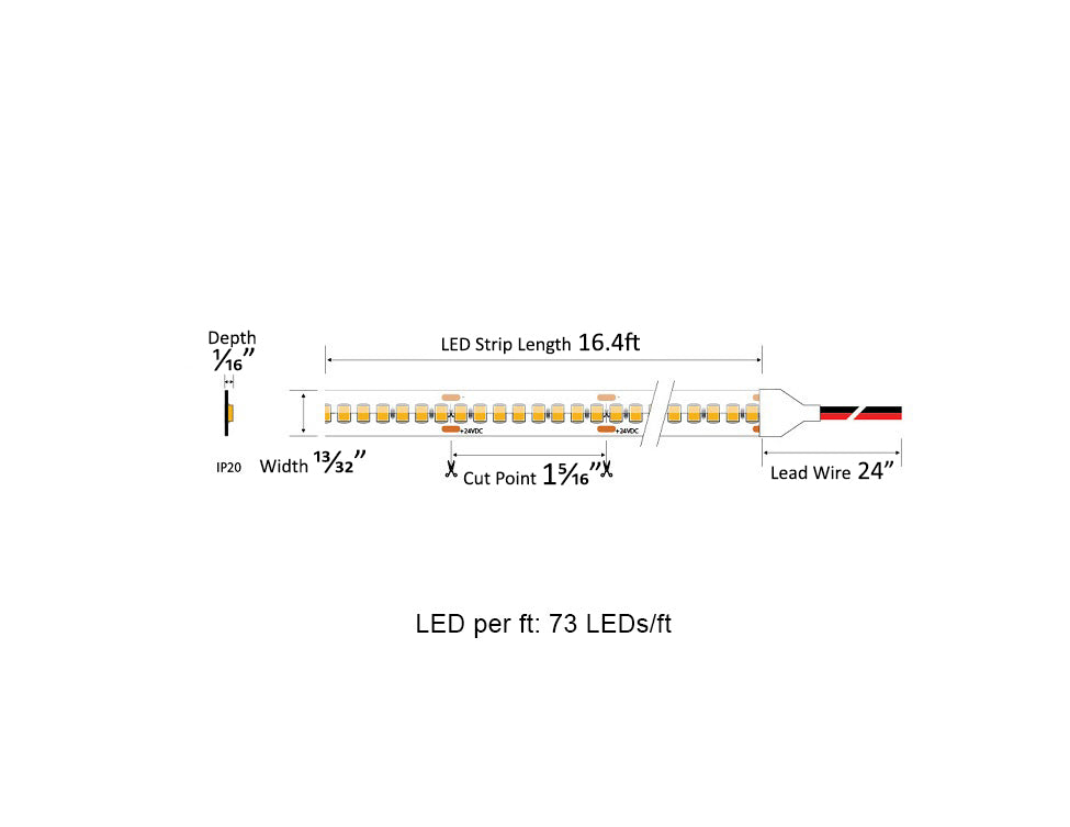 Dimensions for the LEGEND Series 24VDC low voltage LED strip lights.