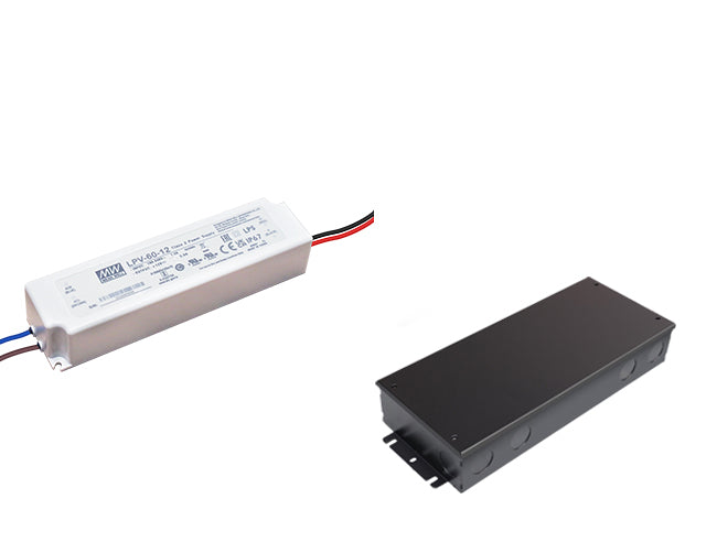 60W Mean Well low voltage LED power supply and black junction box.