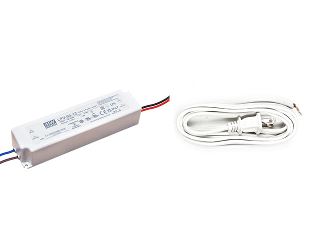 Mean Well 60W 12VDC LED power supply with a white two-prong power cord.